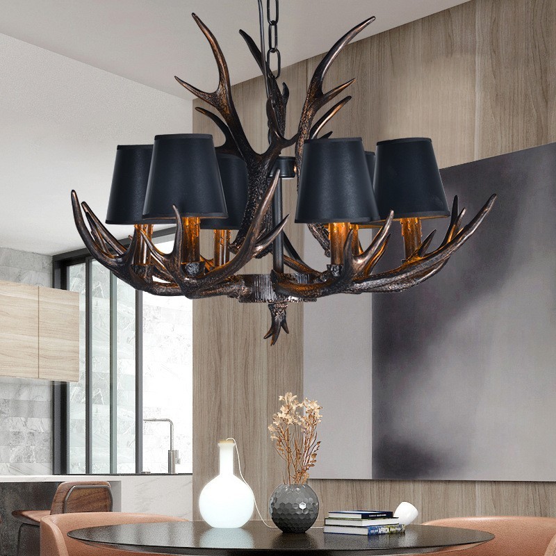 6 Light Black Rustic Artistic Retro Antler Antique Chandelier with Shades