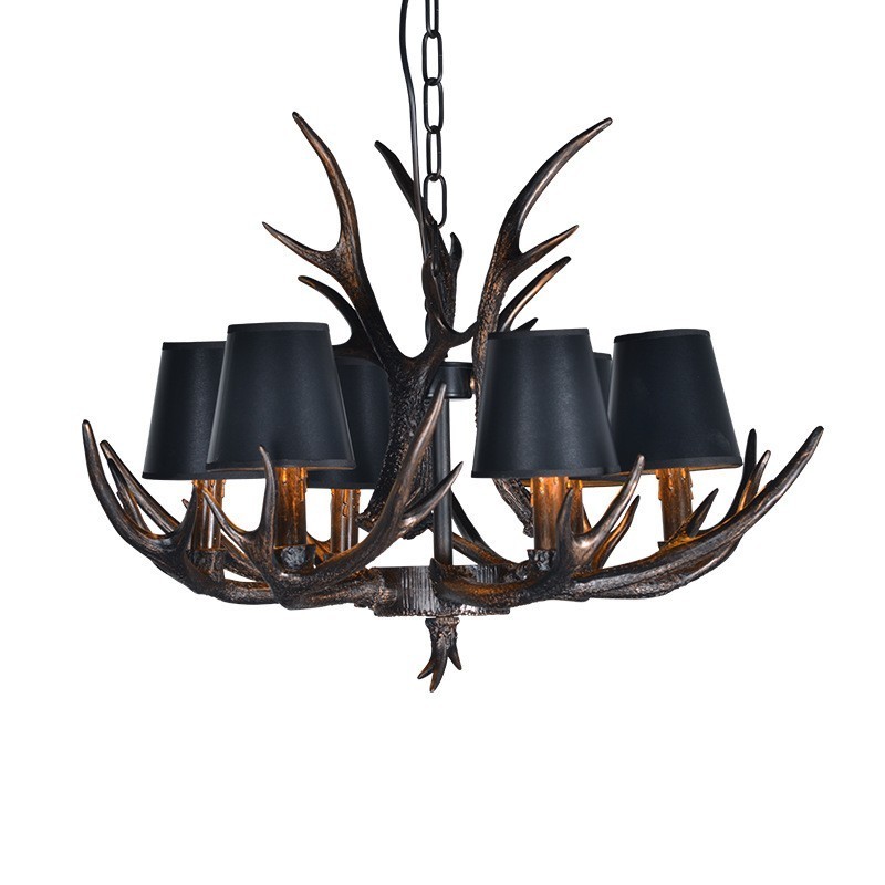 6 Light Black Rustic Artistic Retro Antler Antique Chandelier with Shades