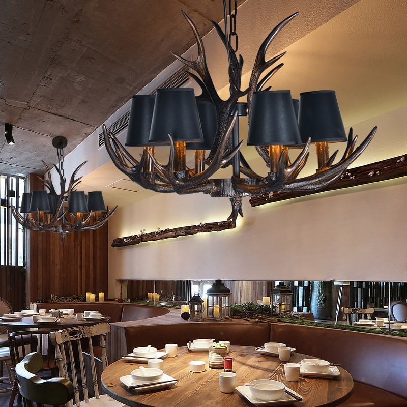 6 Light Black Rustic Artistic Retro Antler Antique Chandelier with Shades