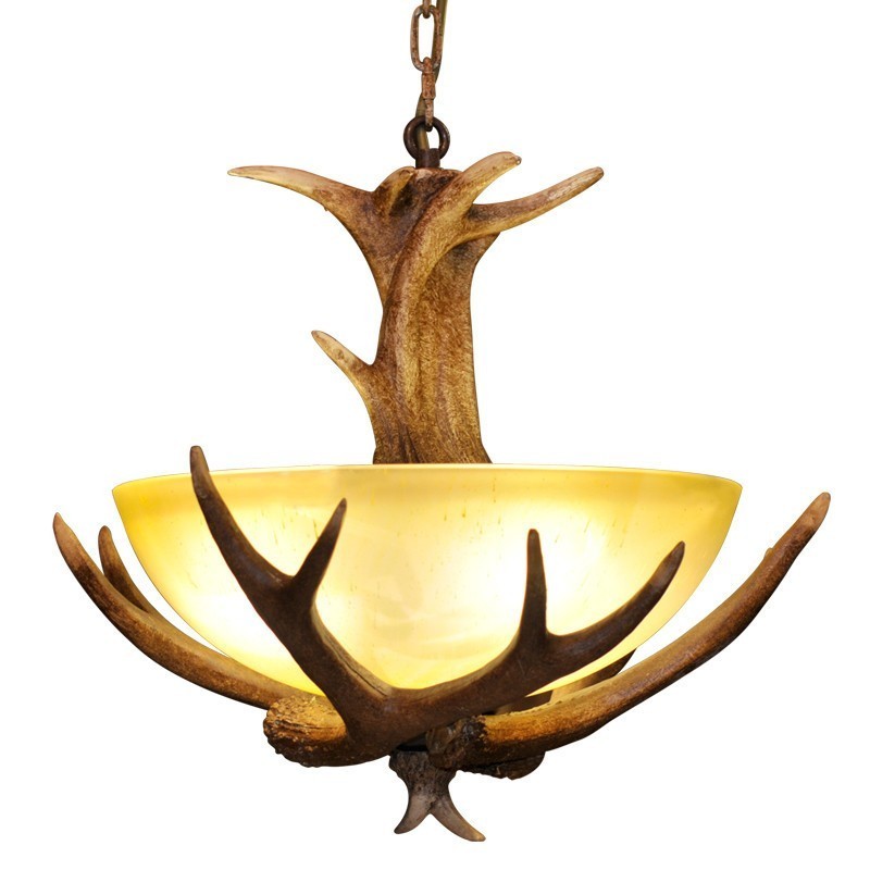 One Light Rustic Artistic Retro Antler Antique Pendant Light with Glass Shade