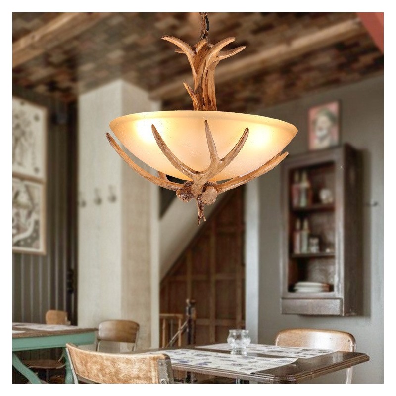 One Light Rustic Artistic Retro Antler Antique Pendant Light with Glass Shade