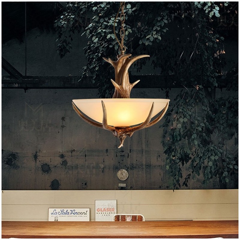 One Light Rustic Artistic Retro Antler Antique Pendant Light with Glass Shade