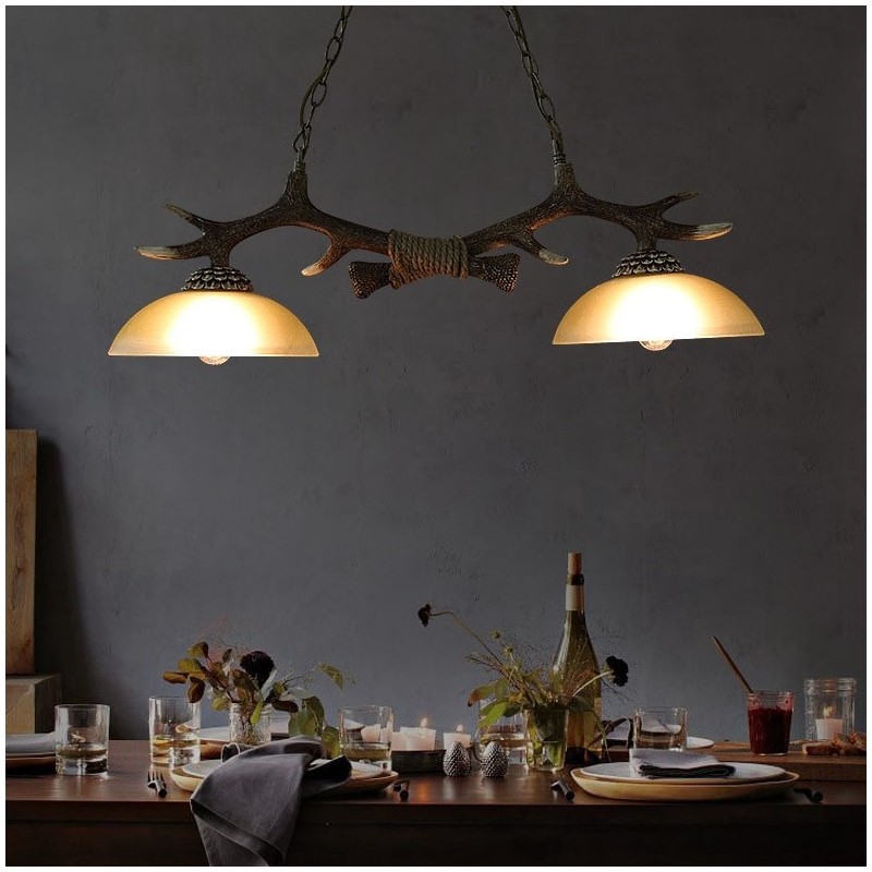 2 Light Black Rustic Artistic Retro Antler Antique Pendant Light with Glass Shade