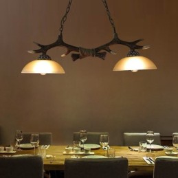 2 Light Black Rustic Artistic Retro Antler Antique Pendant Light with Glass Shade