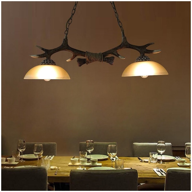 2 Light Black Rustic Artistic Retro Antler Antique Pendant Light with Glass Shade
