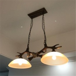 2 Light Black Rustic Artistic Retro Antler Antique Pendant Light with Glass Shade