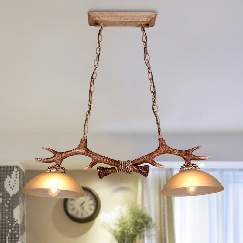 2 Light Brown Rustic Artistic Retro Antler Antique Pendant Light with Glass Shade