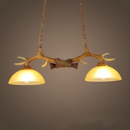 2 Light Brown Rustic Artistic Retro Antler Antique Pendant Light with Glass Shade