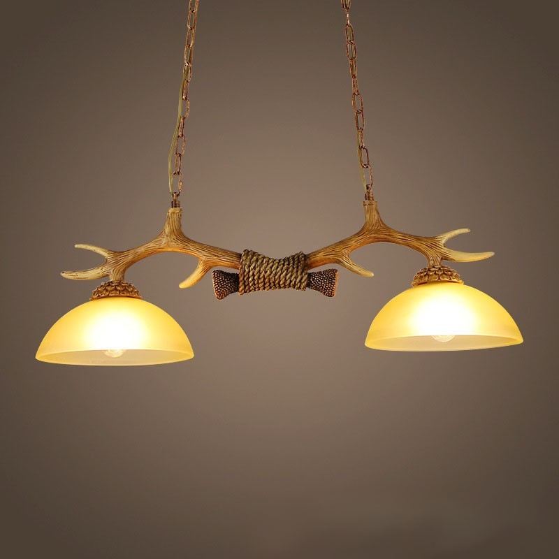 2 Light Brown Rustic Artistic Retro Antler Antique Pendant Light with Glass Shade