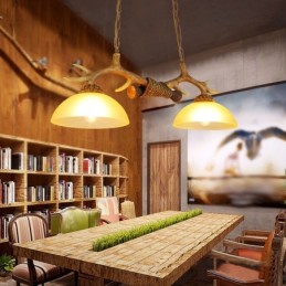 2 Light Brown Rustic Artistic Retro Antler Antique Pendant Light with Glass Shade