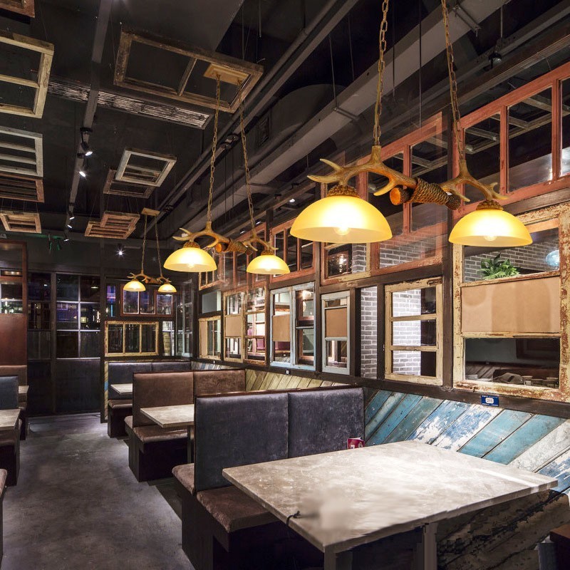 2 Light Brown Rustic Artistic Retro Antler Antique Pendant Light with Glass Shade