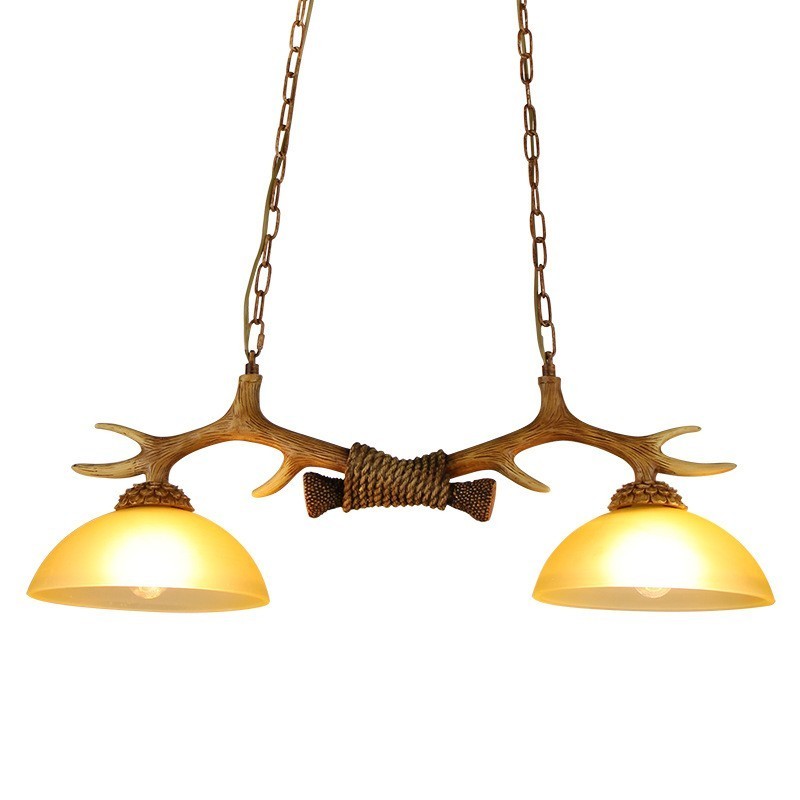 2 Light Brown Rustic Artistic Retro Antler Antique Pendant Light with Glass Shade