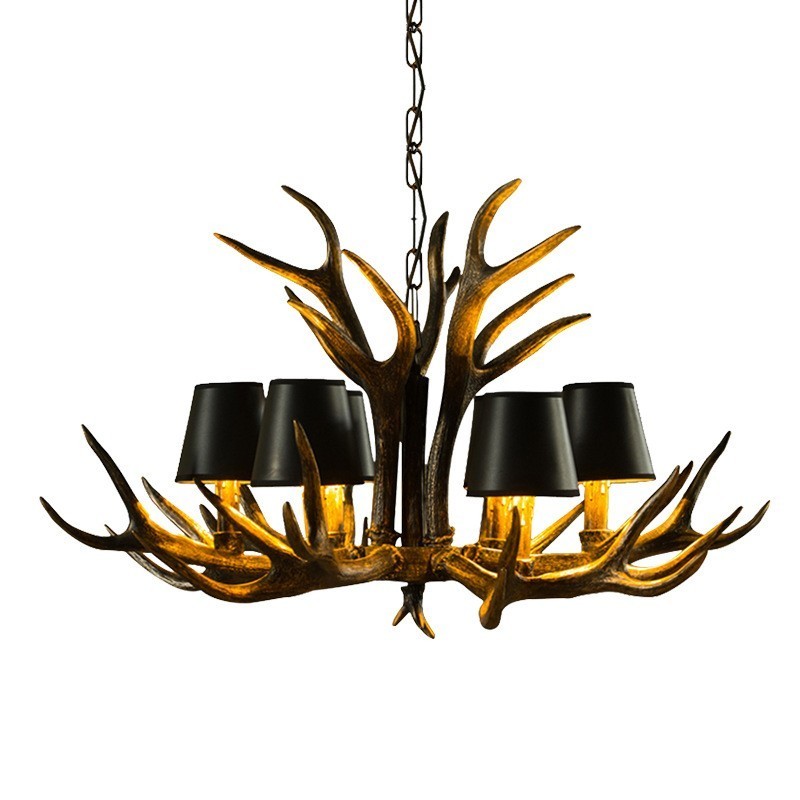 6 Light Black Rustic Artistic Retro Antler Antique Chandelier with Shades