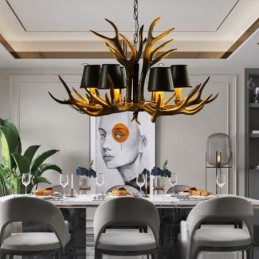 6 Light Black Rustic Artistic Retro Antler Antique Chandelier with Shades