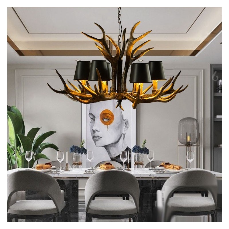 6 Light Black Rustic Artistic Retro Antler Antique Chandelier with Shades