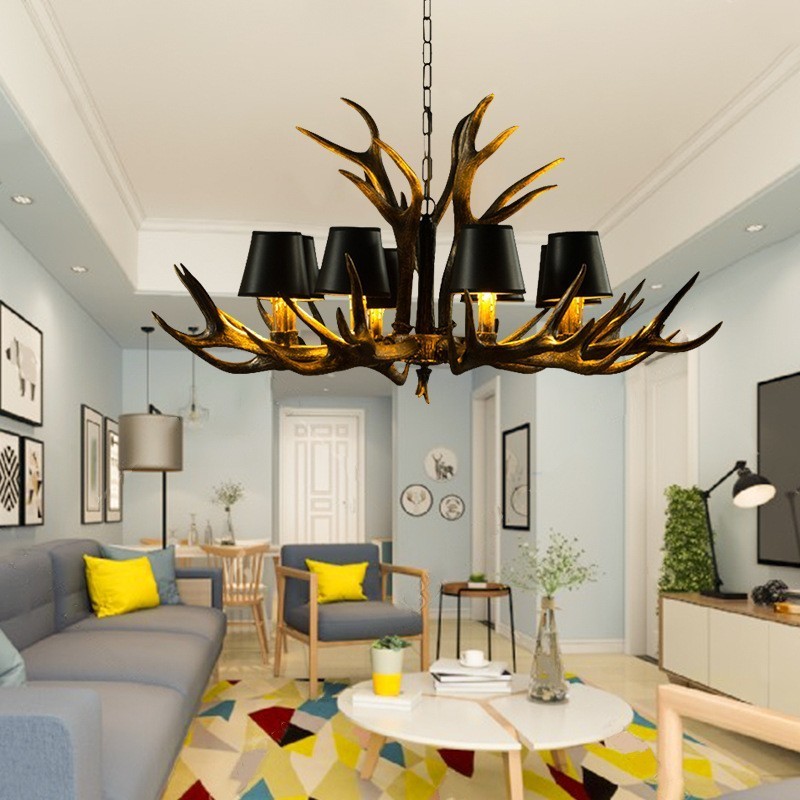 8 Light Black Rustic Artistic Retro Antler Antique Chandelier with Shades