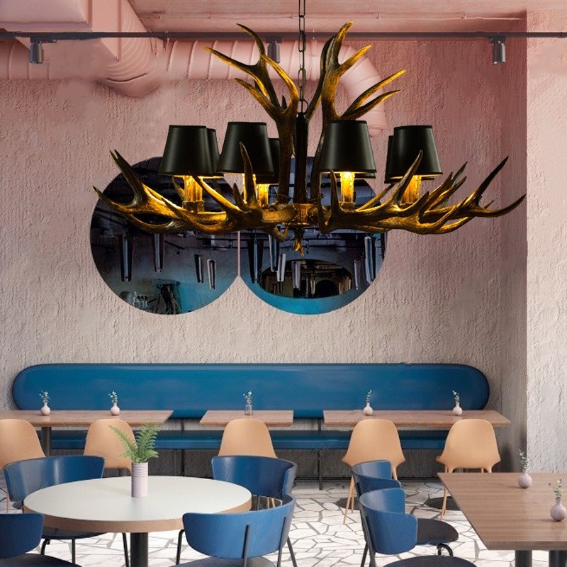 8 Light Black Rustic Artistic Retro Antler Antique Chandelier with Shades