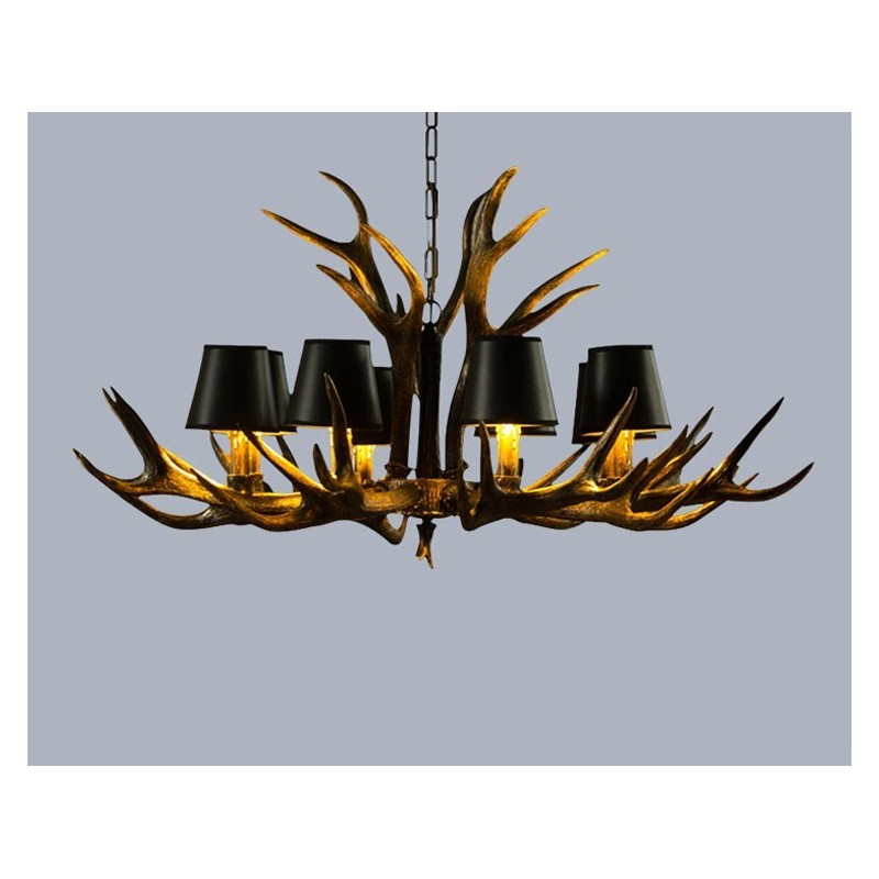 8 Light Black Rustic Artistic Retro Antler Antique Chandelier with Shades