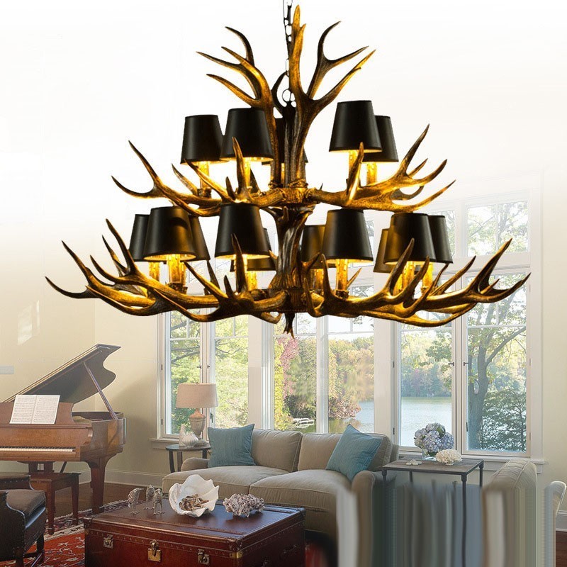 15 Light Black Rustic Artistic Retro Antler Antique Chandelier with Shades