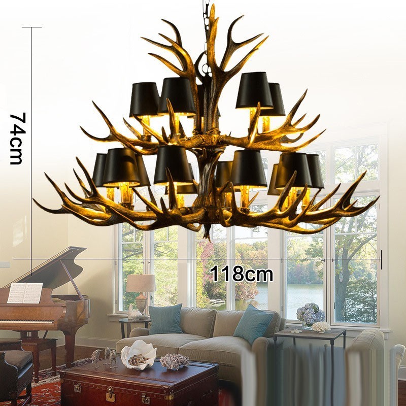 15 Light Black Rustic Artistic Retro Antler Antique Chandelier with Shades