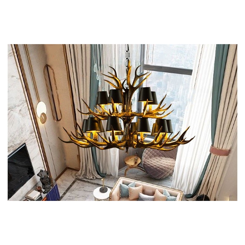 15 Light Black Rustic Artistic Retro Antler Antique Chandelier with Shades