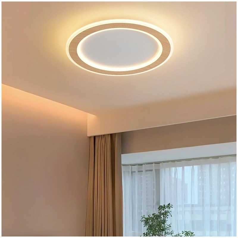 Round Wood Modern Flush Mount Ceiling Light Indoor Lighting Fixture