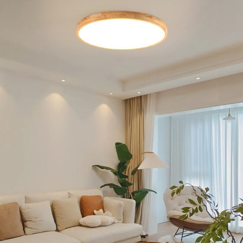 Round Wood Modern Flush Mount Ceiling Light Indoor Lighting Fixture