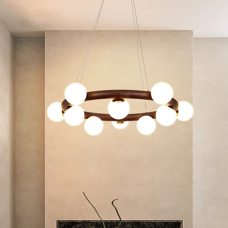Nordic Ring Simple Black Walnut Wood Pendant Chandelier with Bean Shades