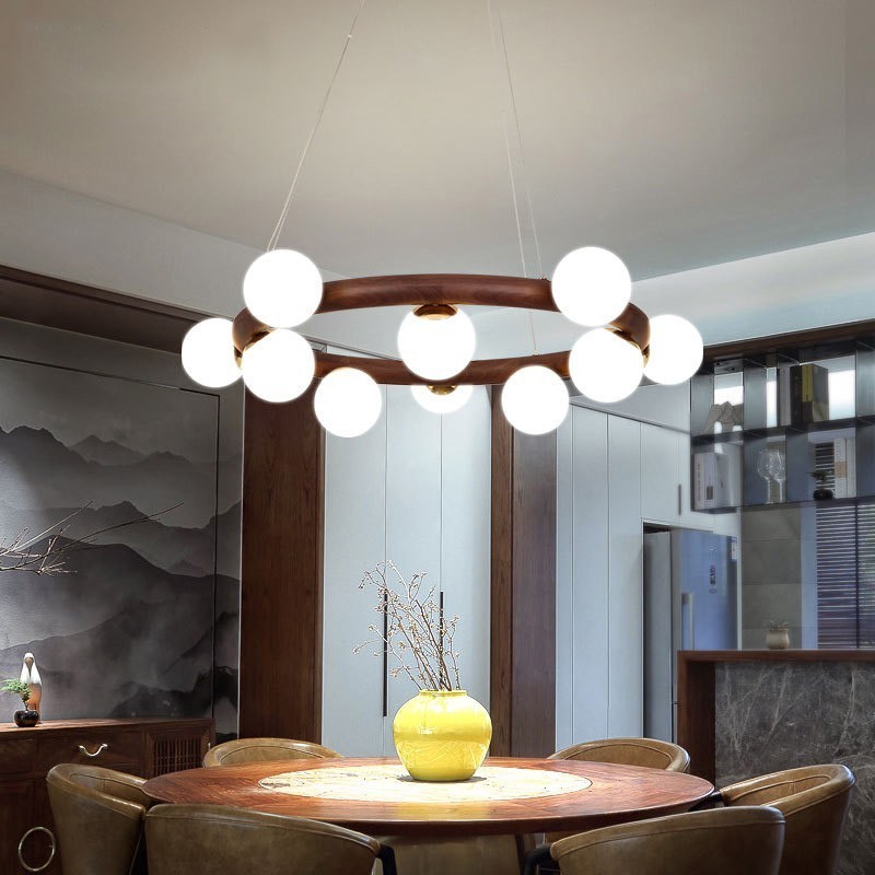 Nordic Ring Simple Black Walnut Wood Pendant Chandelier with Bean Shades