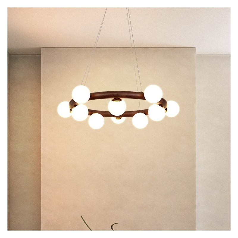 Nordic Ring Simple Black Walnut Wood Pendant Chandelier with Bean Shades