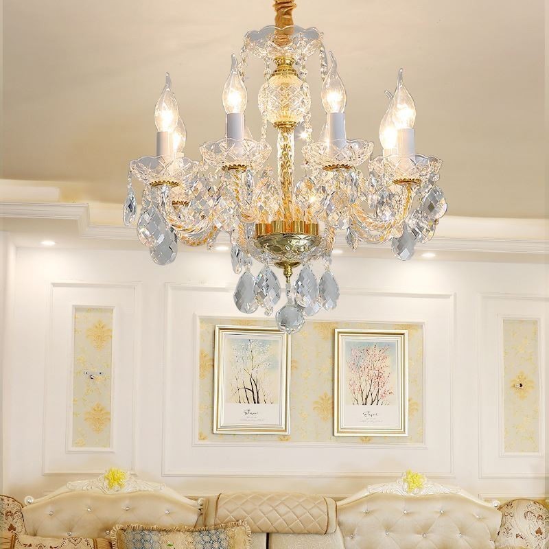 European Clear Crystal Chandelier Glass Lamp Body 8 Lights Gold Body Ceiling Lamp