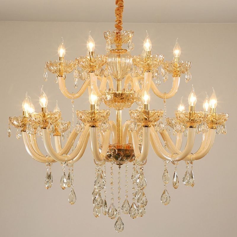 Elegant Crystal Chandelier European Cognac Color Ceiling Light Glass Body Double Layer 12+6 Lights