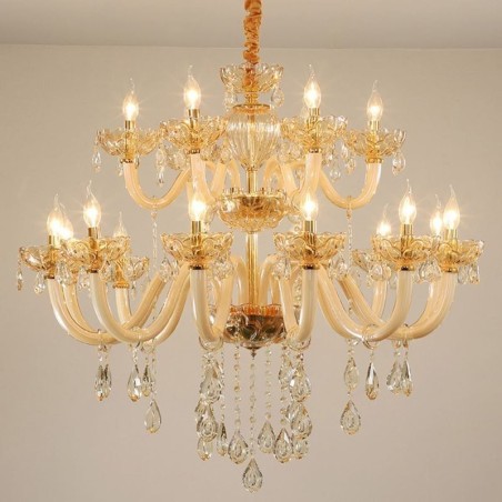 Elegant Crystal Chandelier European Cognac Color Ceiling Light Glass Body Double Layer 12+6 Lights