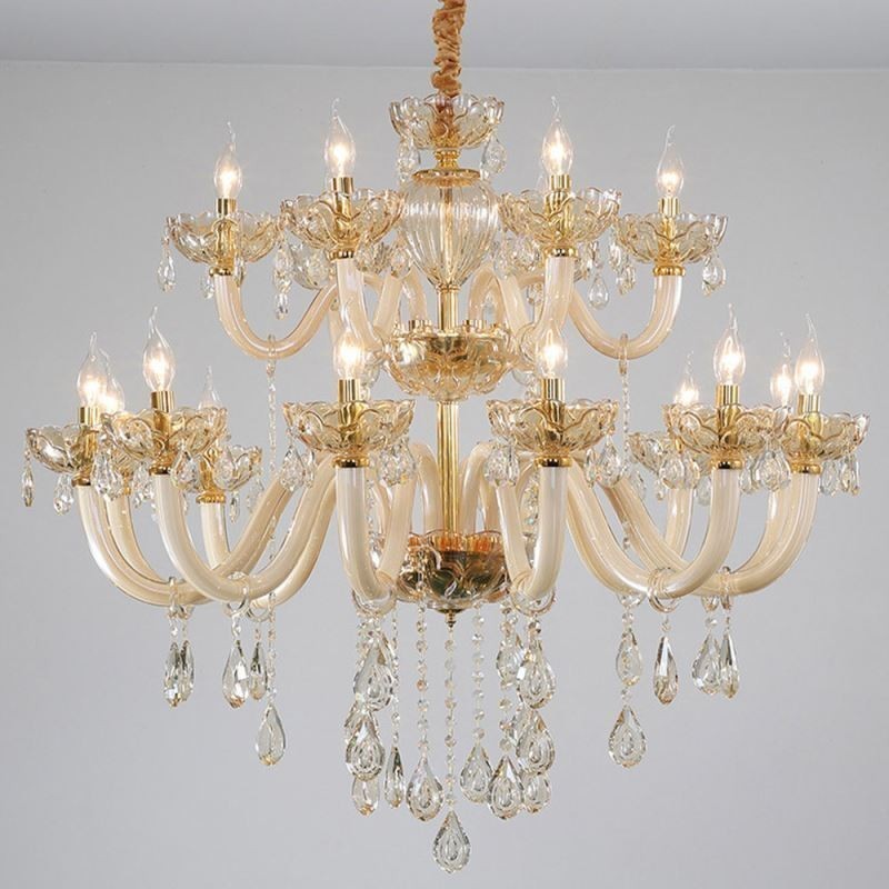 Elegant Crystal Chandelier European Cognac Color Ceiling Light Glass Body Double Layer 12+6 Lights