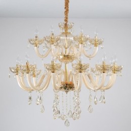 Elegant Crystal Chandelier European Cognac Color Ceiling Light Glass Body Double Layer 12+6 Lights