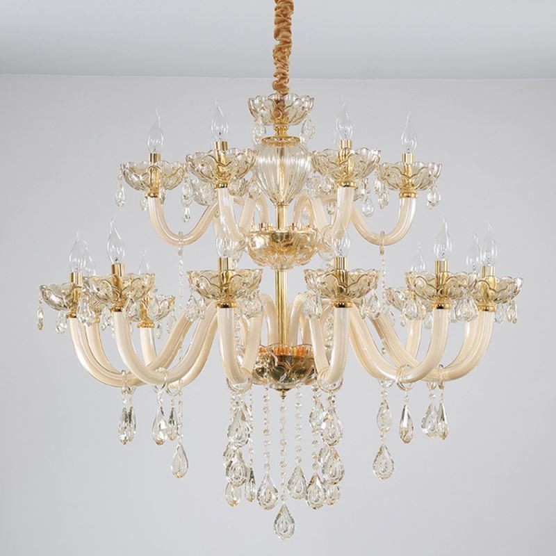 Elegant Crystal Chandelier European Cognac Color Ceiling Light Glass Body Double Layer 12+6 Lights