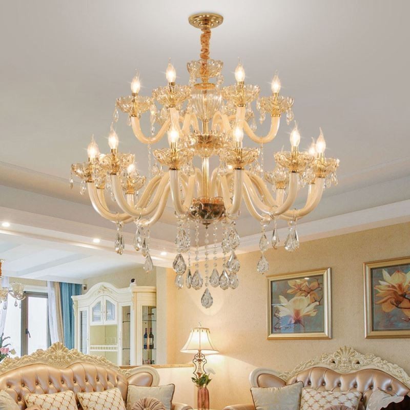 Elegant Crystal Chandelier European Cognac Color Ceiling Light Glass Body Double Layer 12+6 Lights