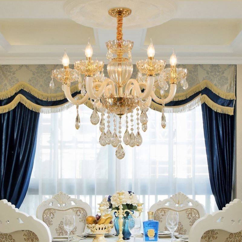 Gorgeous Crystal Chandelier European Cognac Color Ceiling Light Glass Body 8 Lights