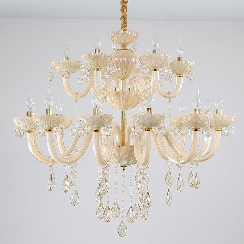 Luxurious Crystal Chandelier European Cognac Color Ceiling Lamp Glass Body Double Layer 12+6 Lights