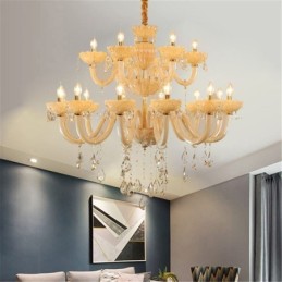 Luxurious Crystal Chandelier European Cognac Color Ceiling Lamp Glass Body Double Layer 12+6 Lights