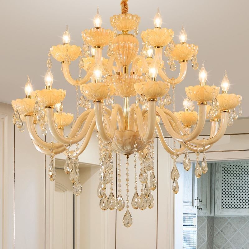 Luxurious Crystal Chandelier European Cognac Color Ceiling Lamp Glass Body Double Layer 12+6 Lights