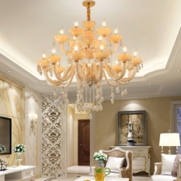 Luxurious Crystal Chandelier European Cognac Color Ceiling Lamp Glass Body Double Layer 12+6 Lights