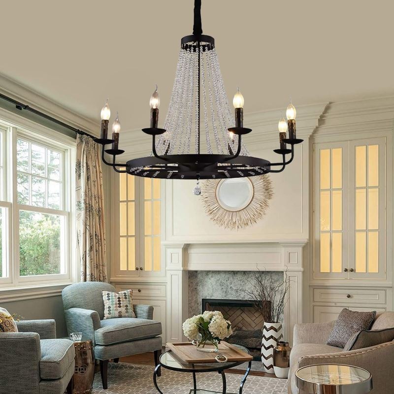 Vintage Crystal Pendant Lighting Black Iron Candle Chandelier