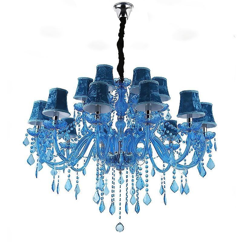 Large Crystal Chandelier European Pendant Light Blue Colour Esthetic