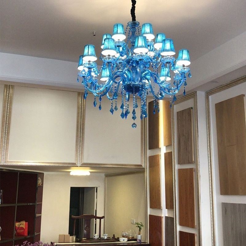 Large Crystal Chandelier European Pendant Light Blue Colour Esthetic