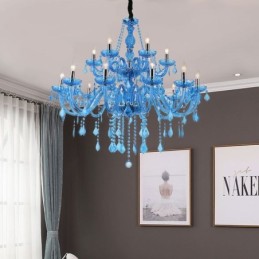 Large Crystal Chandelier European Pendant Light Blue Colour Esthetic