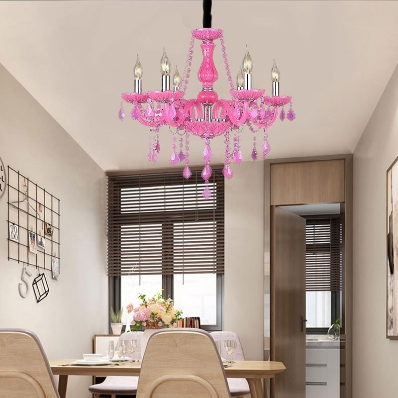 European Style Crystal Chandelier Pink Pendant Light Romantic