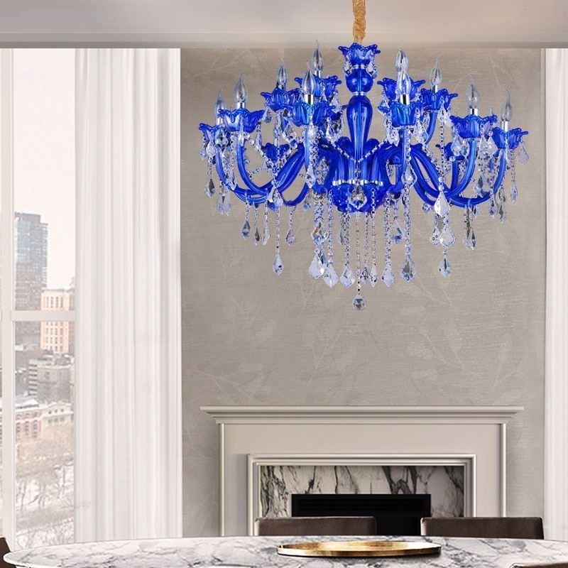 European Style Crystal Chandelier Blue Crystal Glass Pendant Light