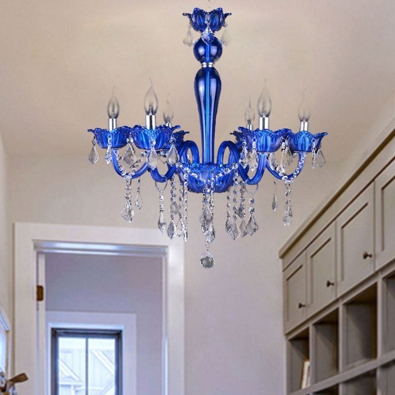 European Style Crystal Chandelier Blue Crystal Glass Pendant Light