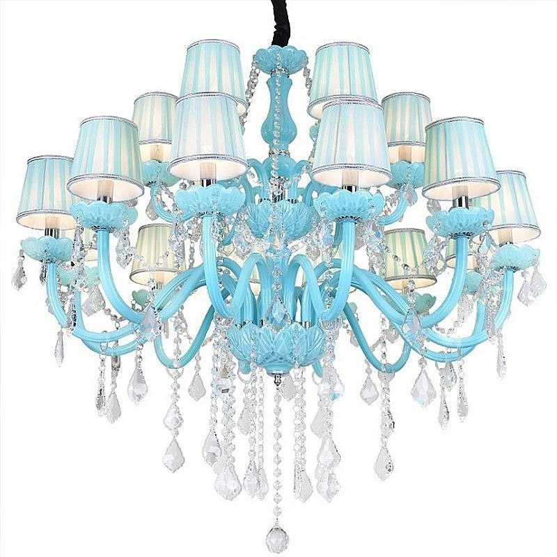 European Large Crystal Chandelier Blue Colour Pendant Light